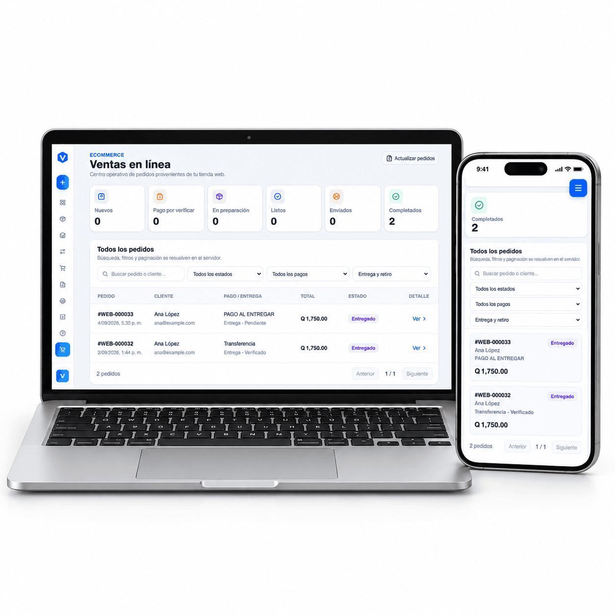 Ventas en línea de Venddix en computadora y celular con pedidos de ejemplo