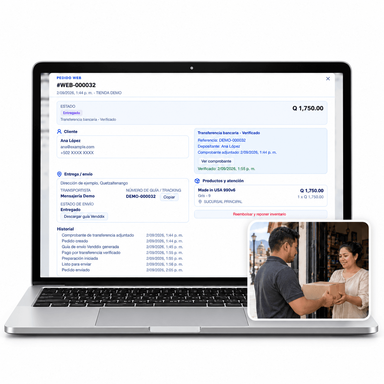 Detalle de pedido de Venddix con datos de demostración y una escena de entrega
